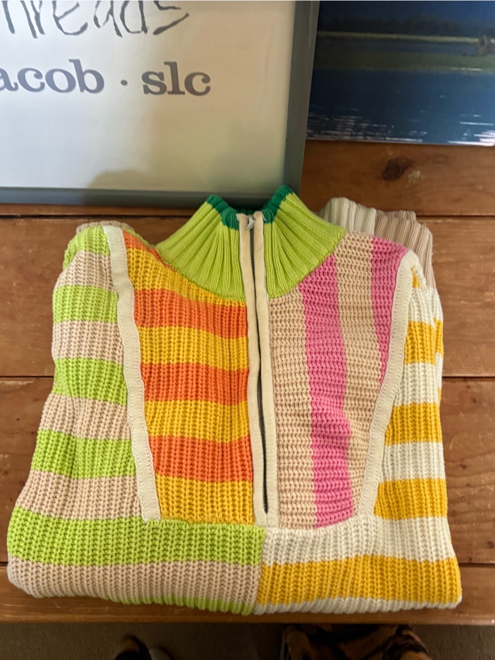 STAUD Striped Knit Sweater - Pink, Green & Yellow